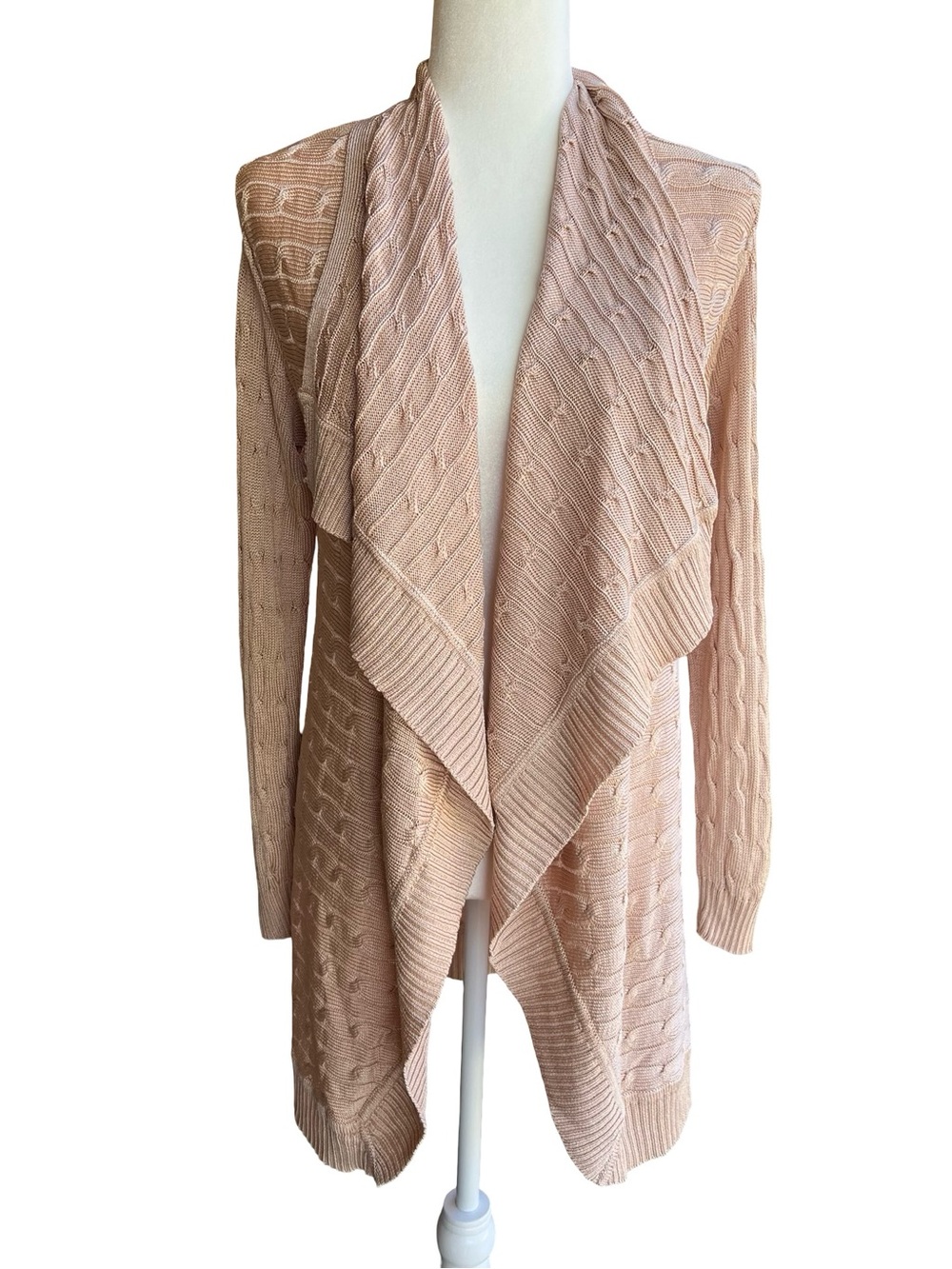 RALPH‎ LAUREN Black Label 100% Silk Open Waterfall Cable-Knit Long Cardigan Sz L